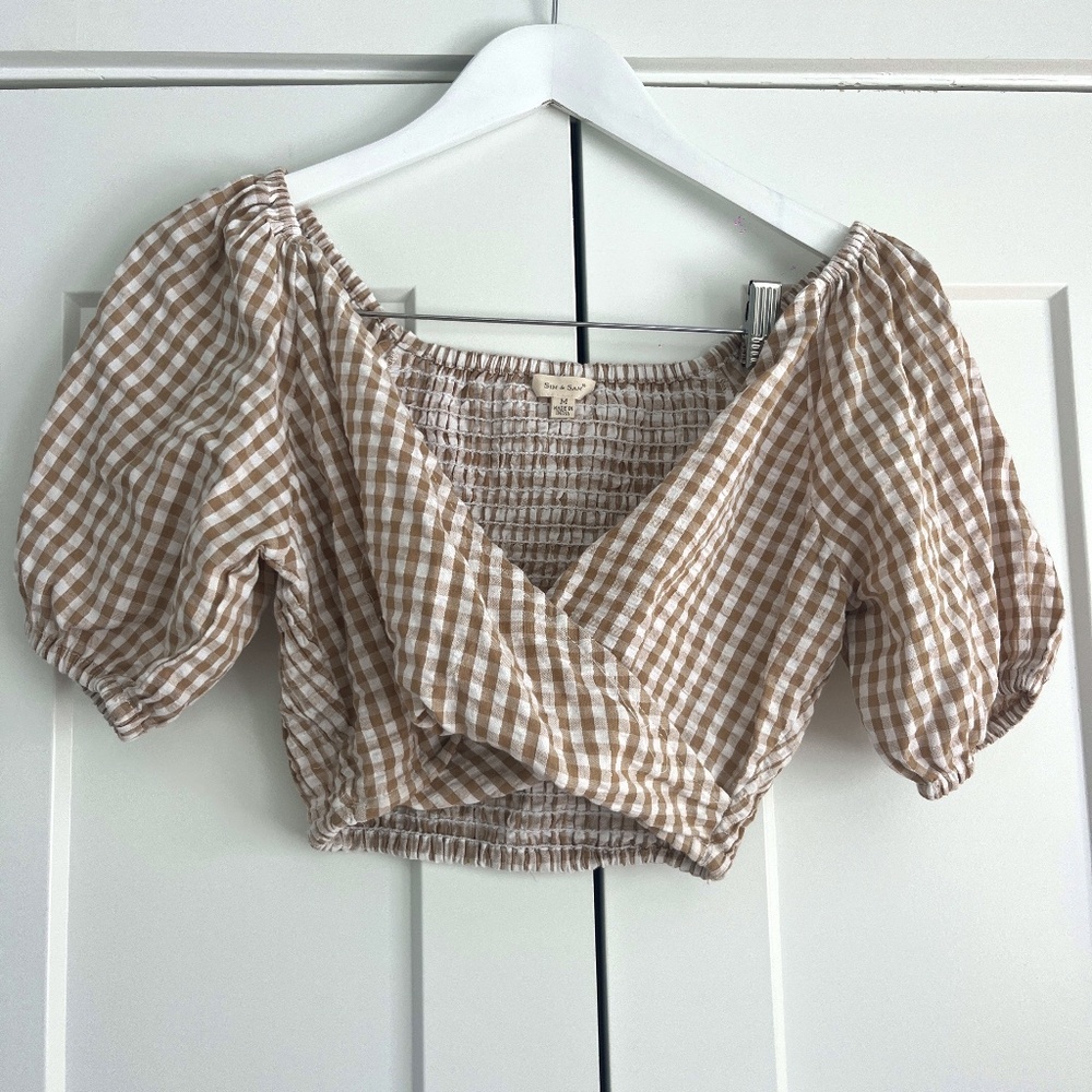 Tan and White Checkered Milkmaid Crossover Crop Top